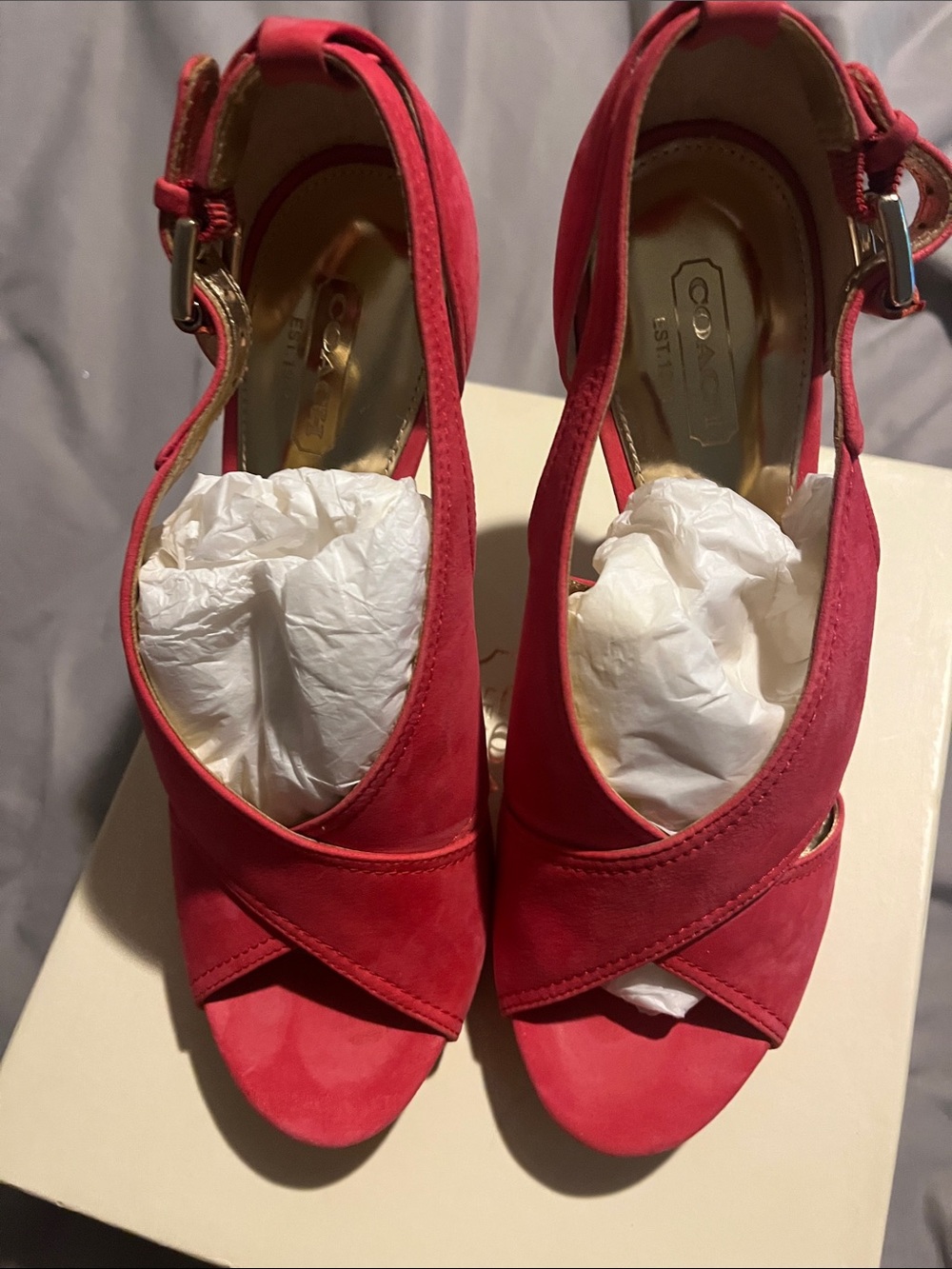 Coach Pink Suede Peep-Toe Ankle Strap Heels
